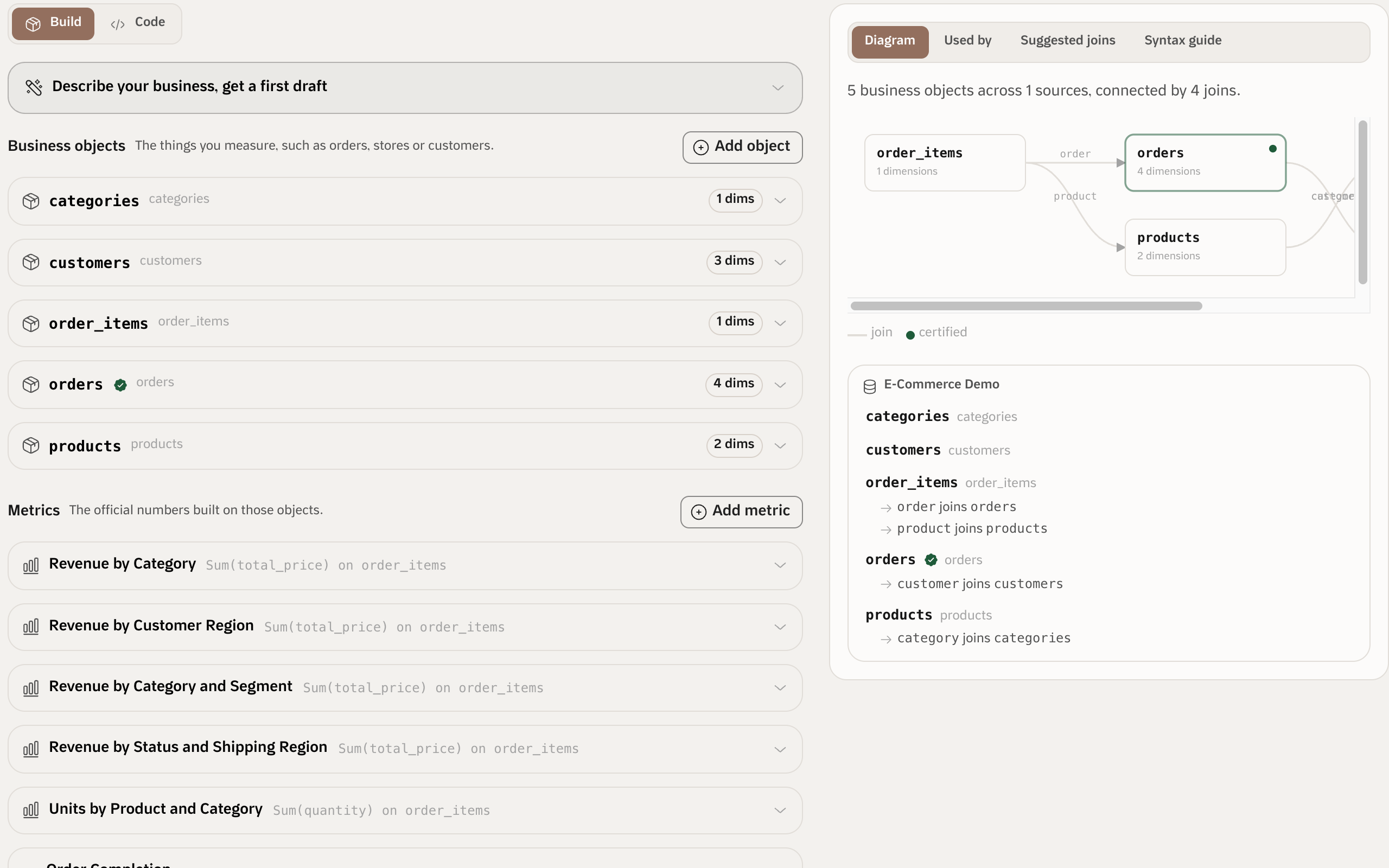 Qubit semantic layer showing business objects, metrics, and table relationships